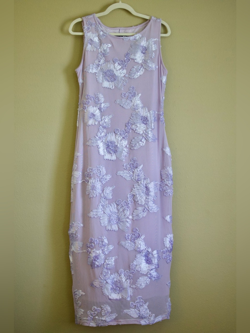 MEROKEETY Women’s Lavender Floral Embroidered Mesh Midi Dress Size L